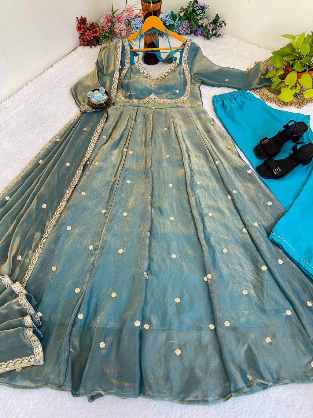 Fendi Satin Gown Set with Dupatta & Pant