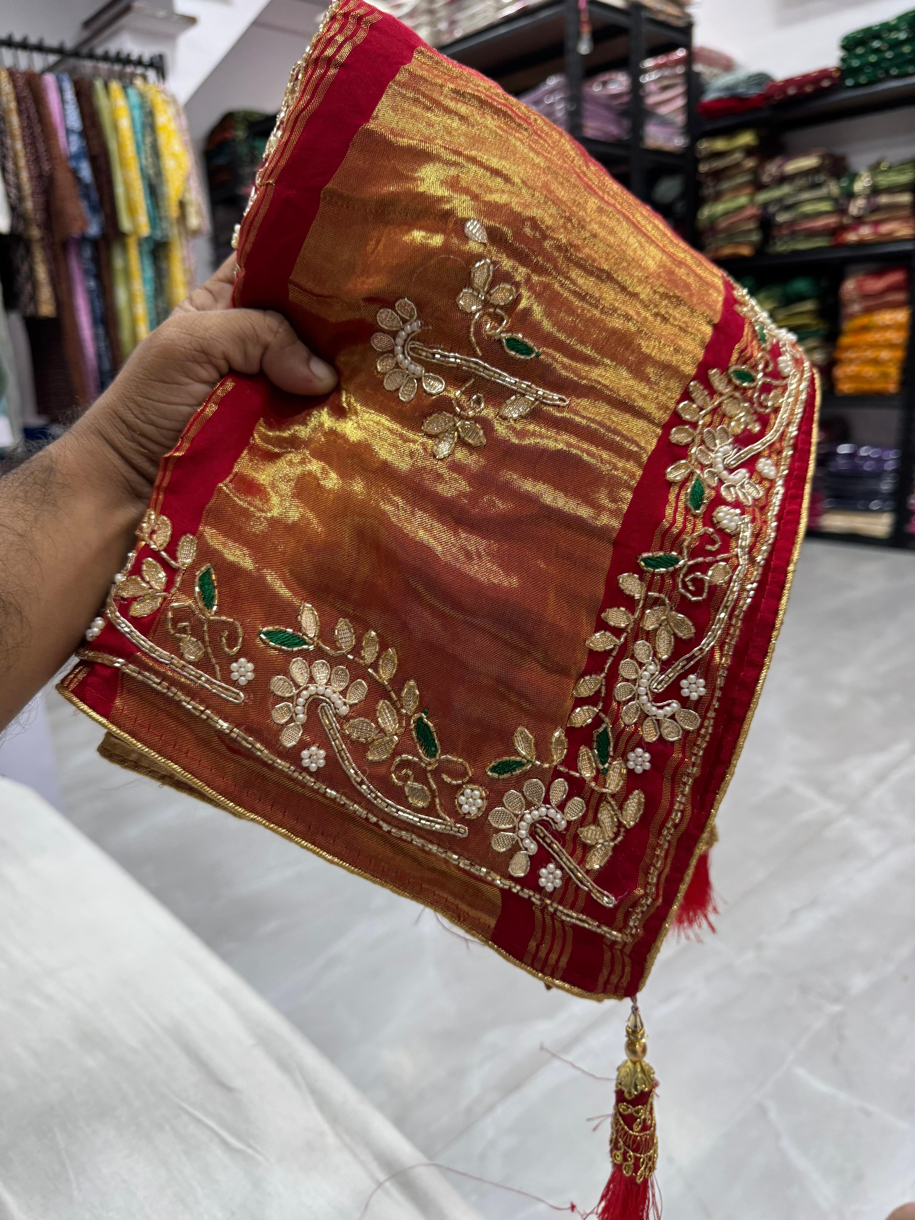 Gaji Silk Original Bandhani Saree with Gota Patti Handwork
