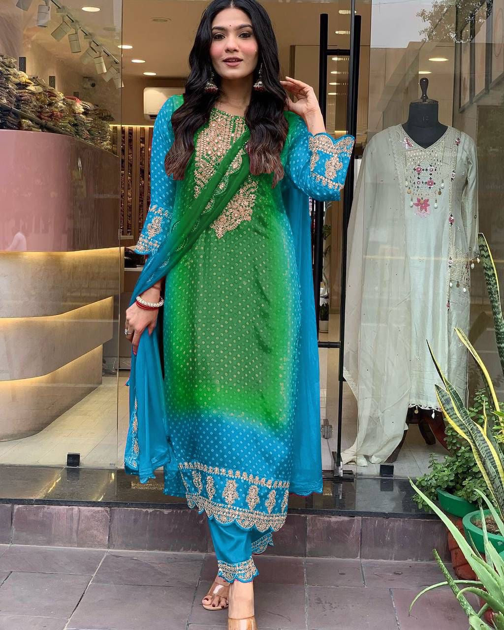 Multicolour Bandhani Print Suit Set with Mirror Work