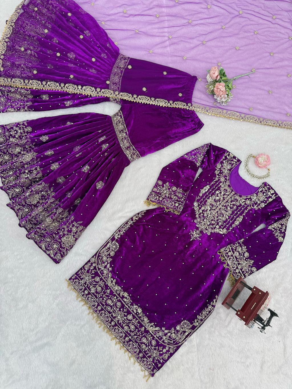 Velvet Embroidered Sharara Set