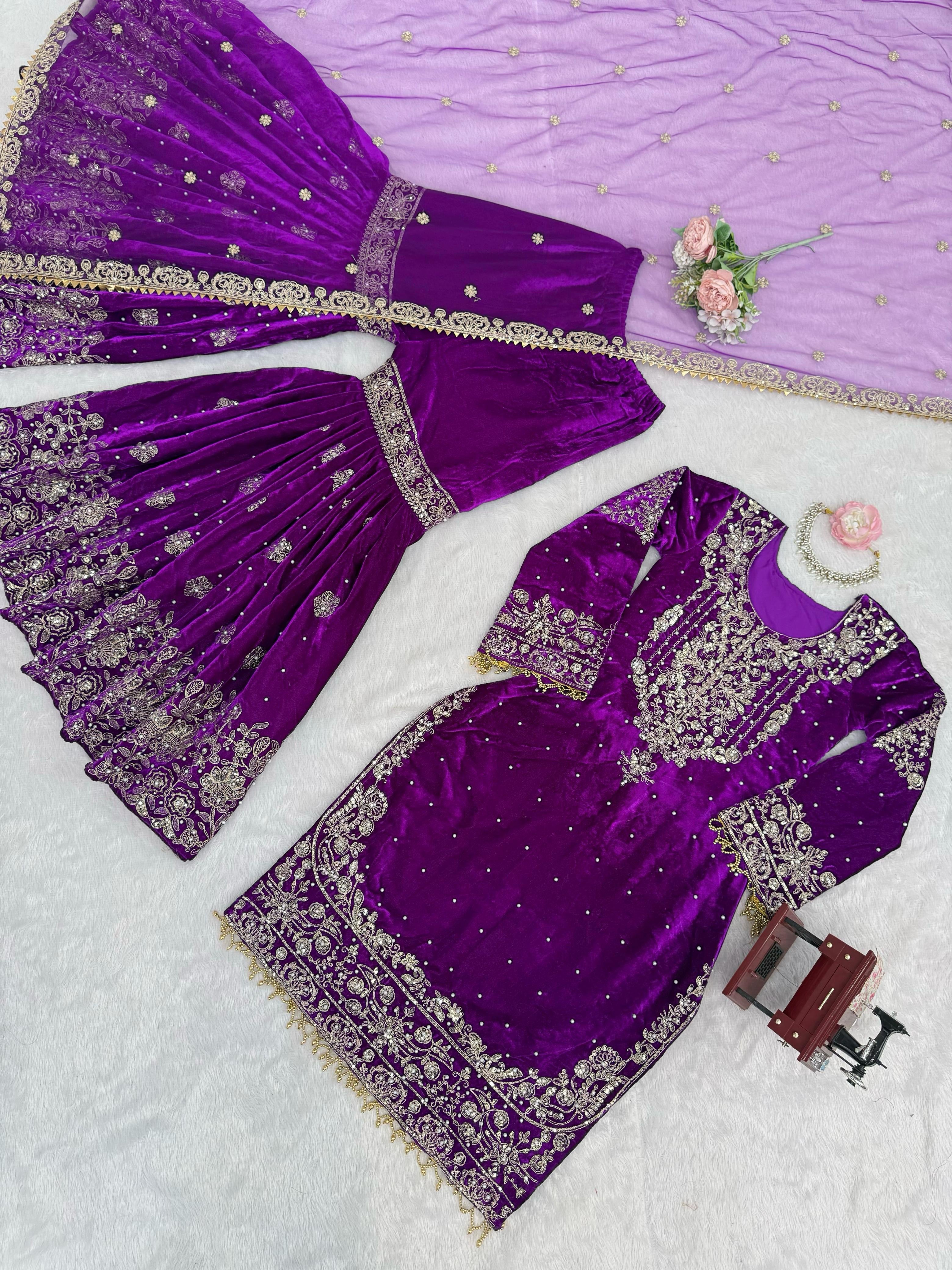 Velvet Embroidered Sharara Set