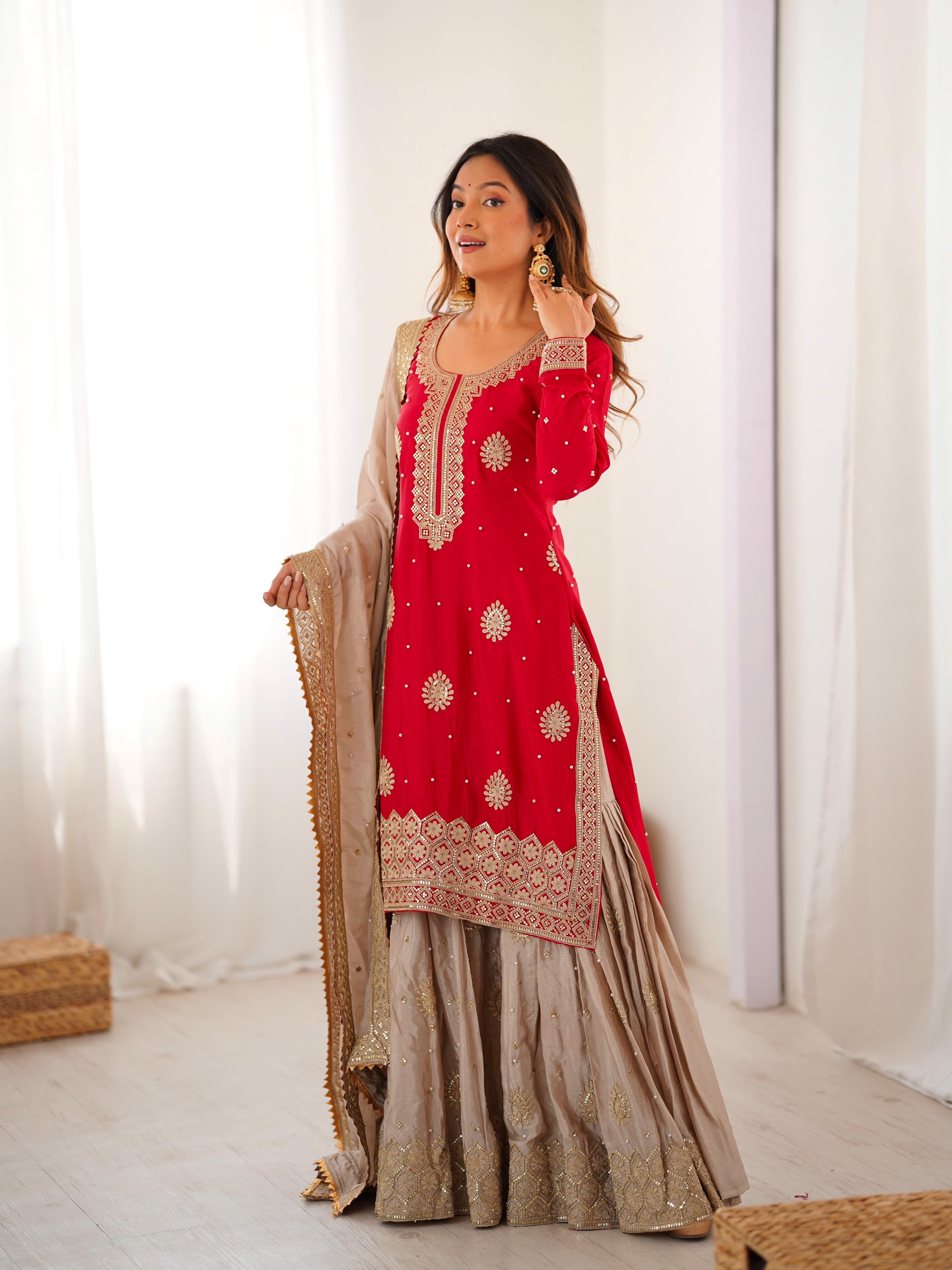 Chinon Silk Embroidered Sharara Set with Pearl & Sequin Work | 3 Piece Designer Ethnic Wear