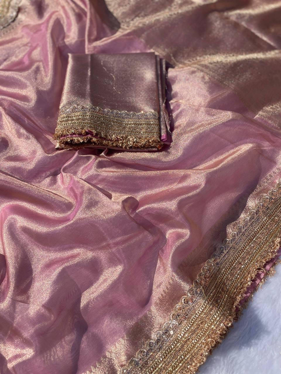 Banarasi Tissue Silk Saree with Triple Lace Border