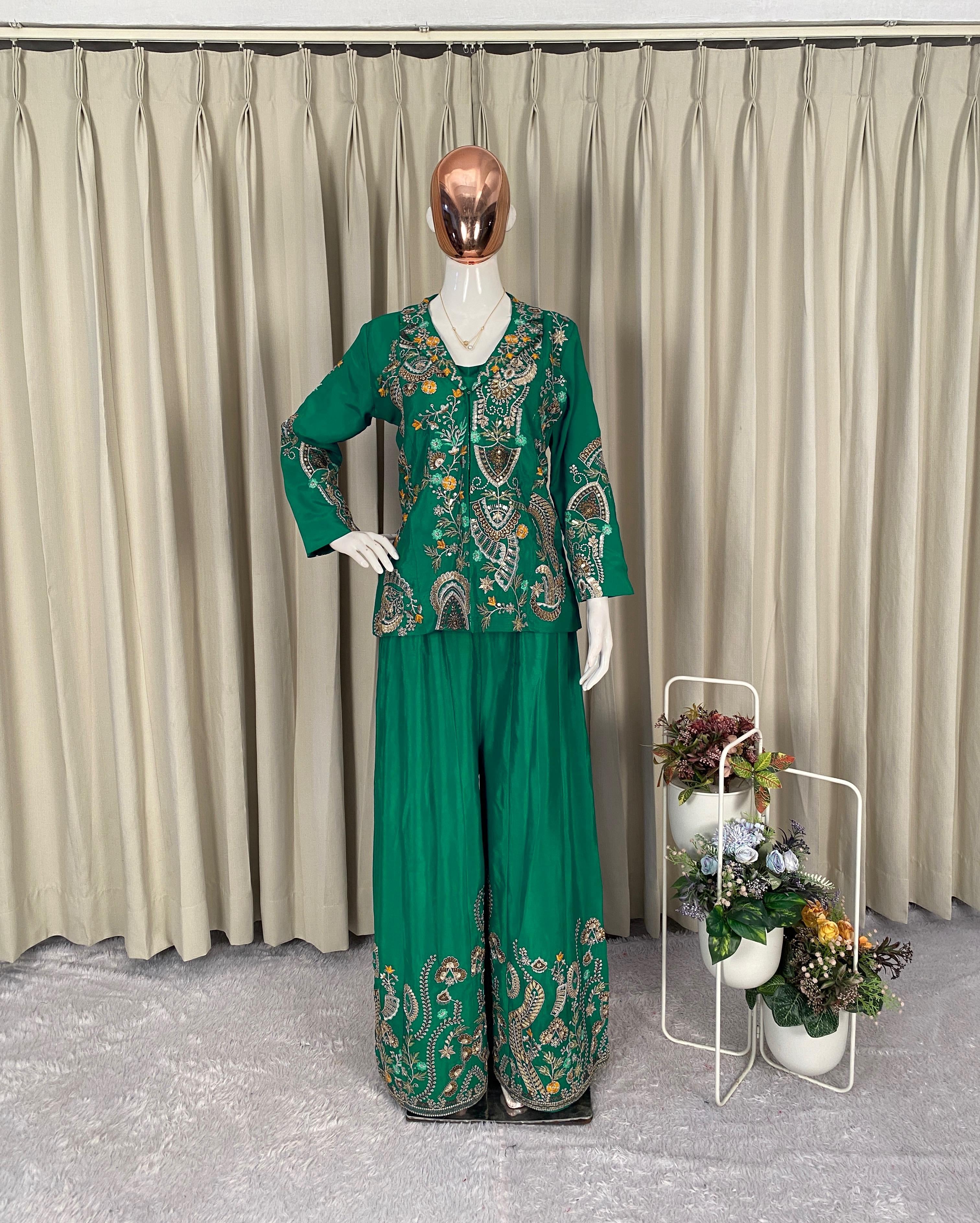 Designer Chinon 3-Piece Plazzo Set with Sequin Embroidery
