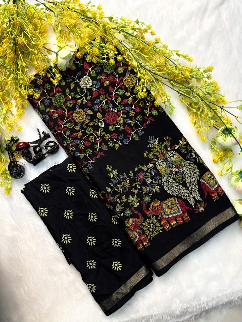 Soft Mul Mul Cotton Silk Kalamkari Saree with Zari Hamsa Border