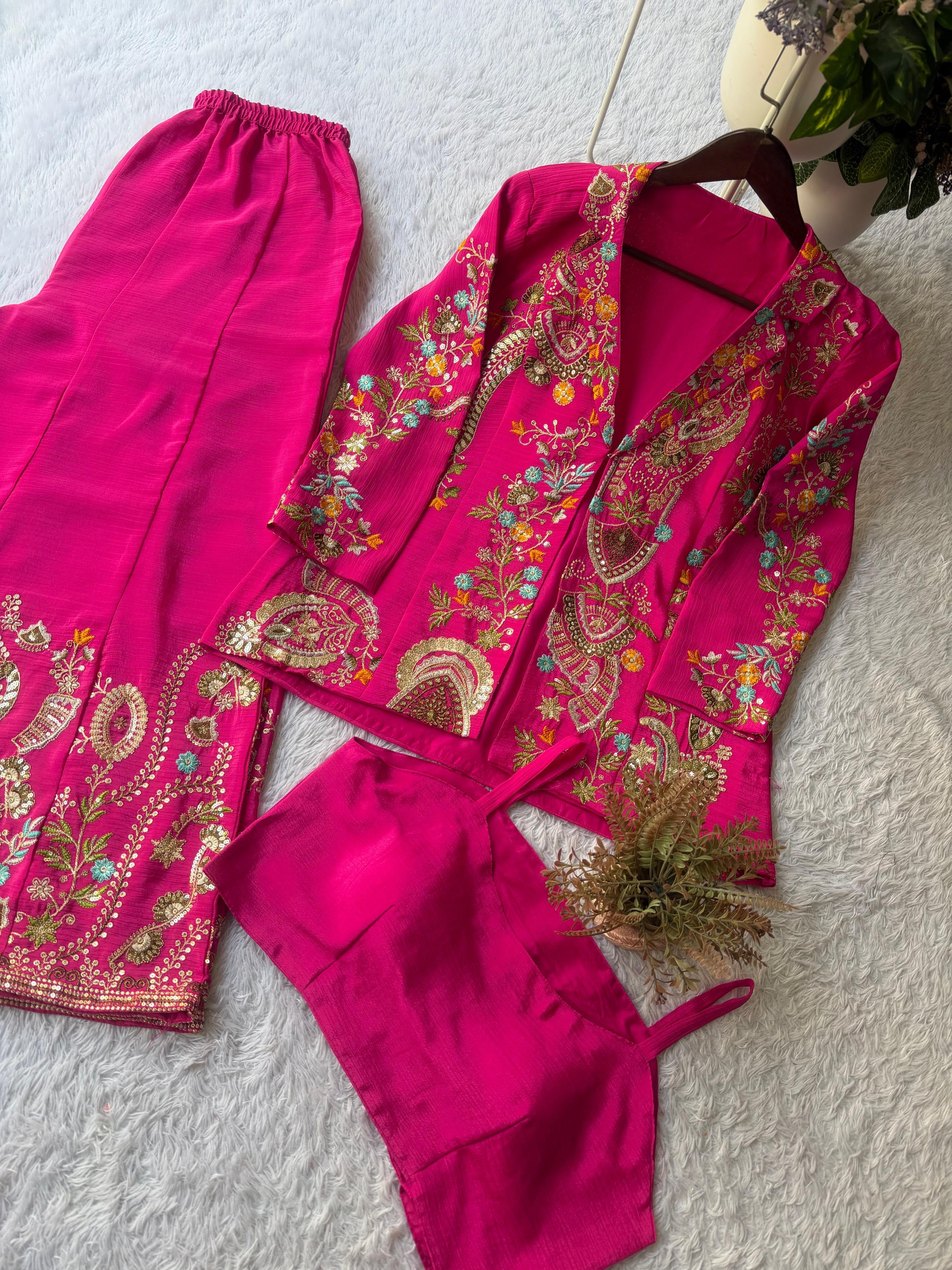 Designer Chinon 3-Piece Plazzo Set with Sequin Embroidery