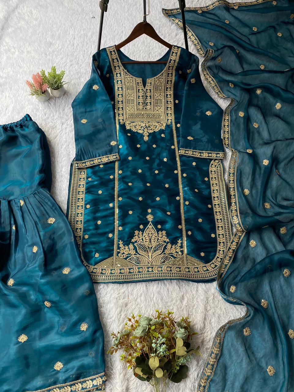 Trendy Cording Sequin Embroidered Sharara Set