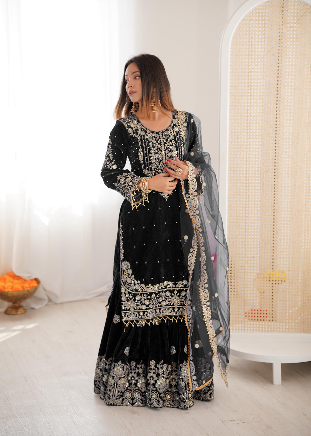 Velvet Embroidered Sharara Set