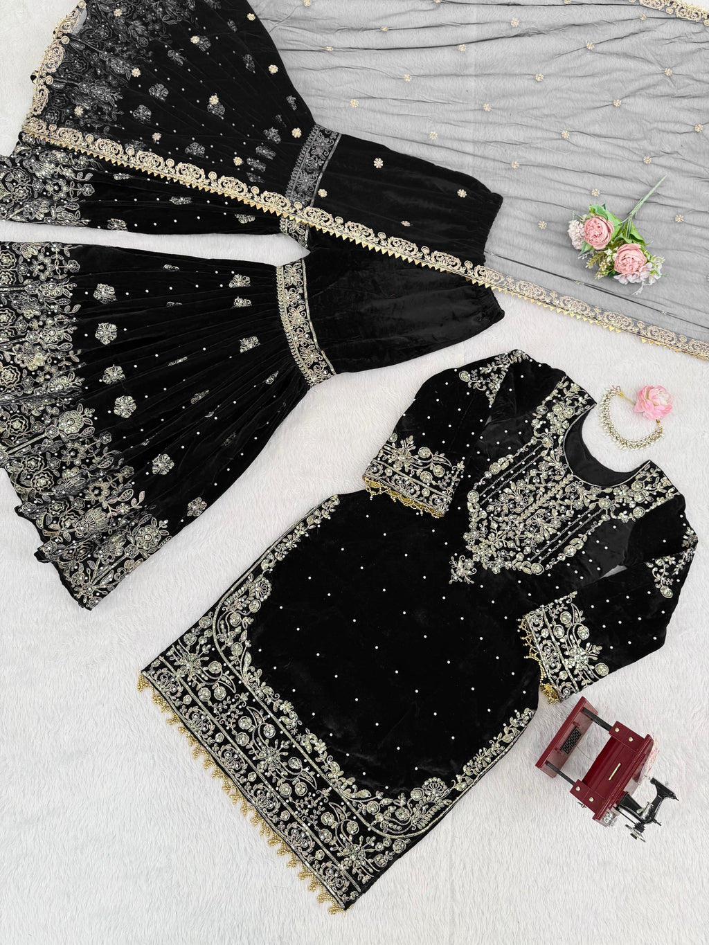 Velvet Embroidered Sharara Set