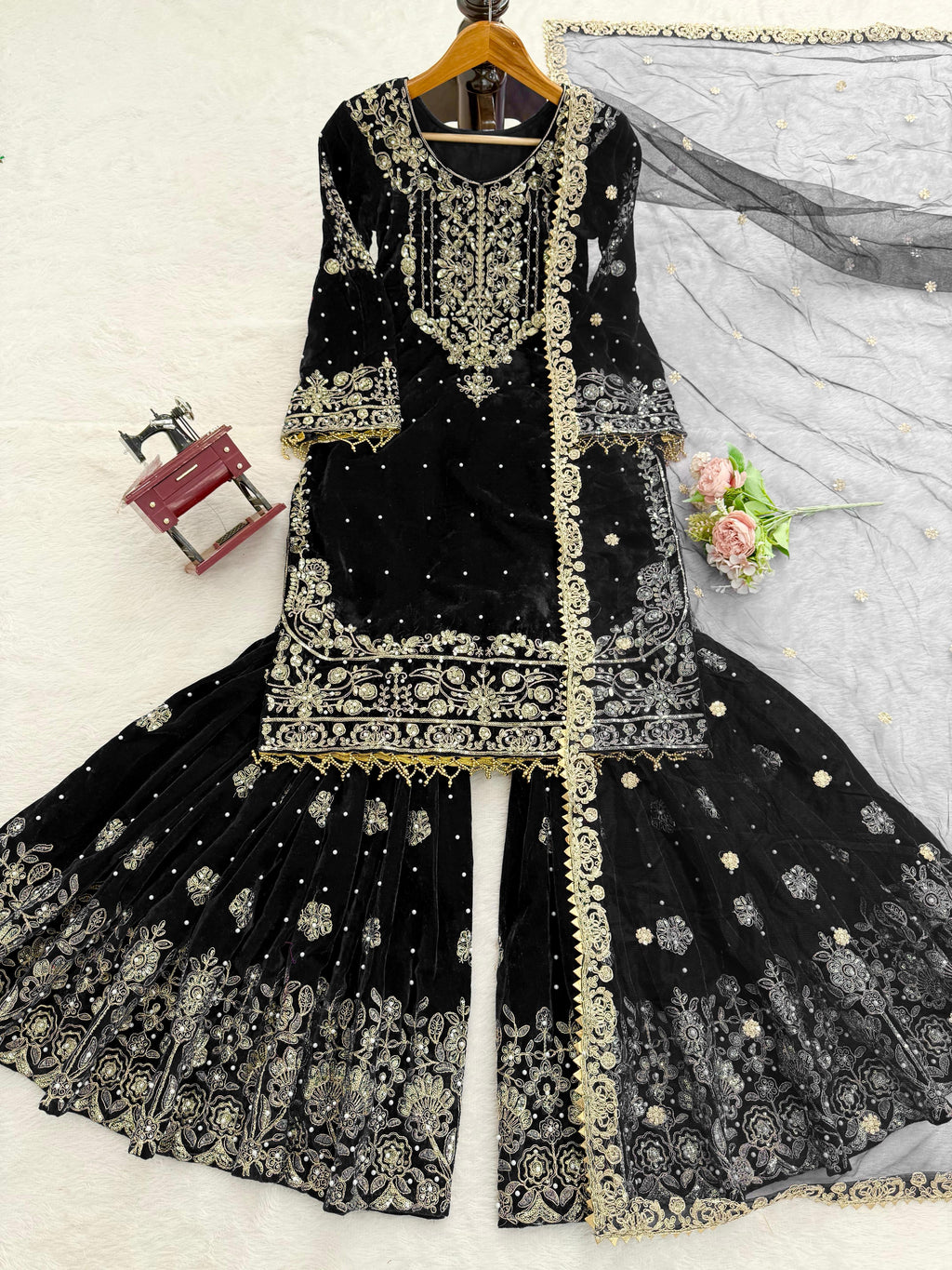Velvet Embroidered Sharara Set