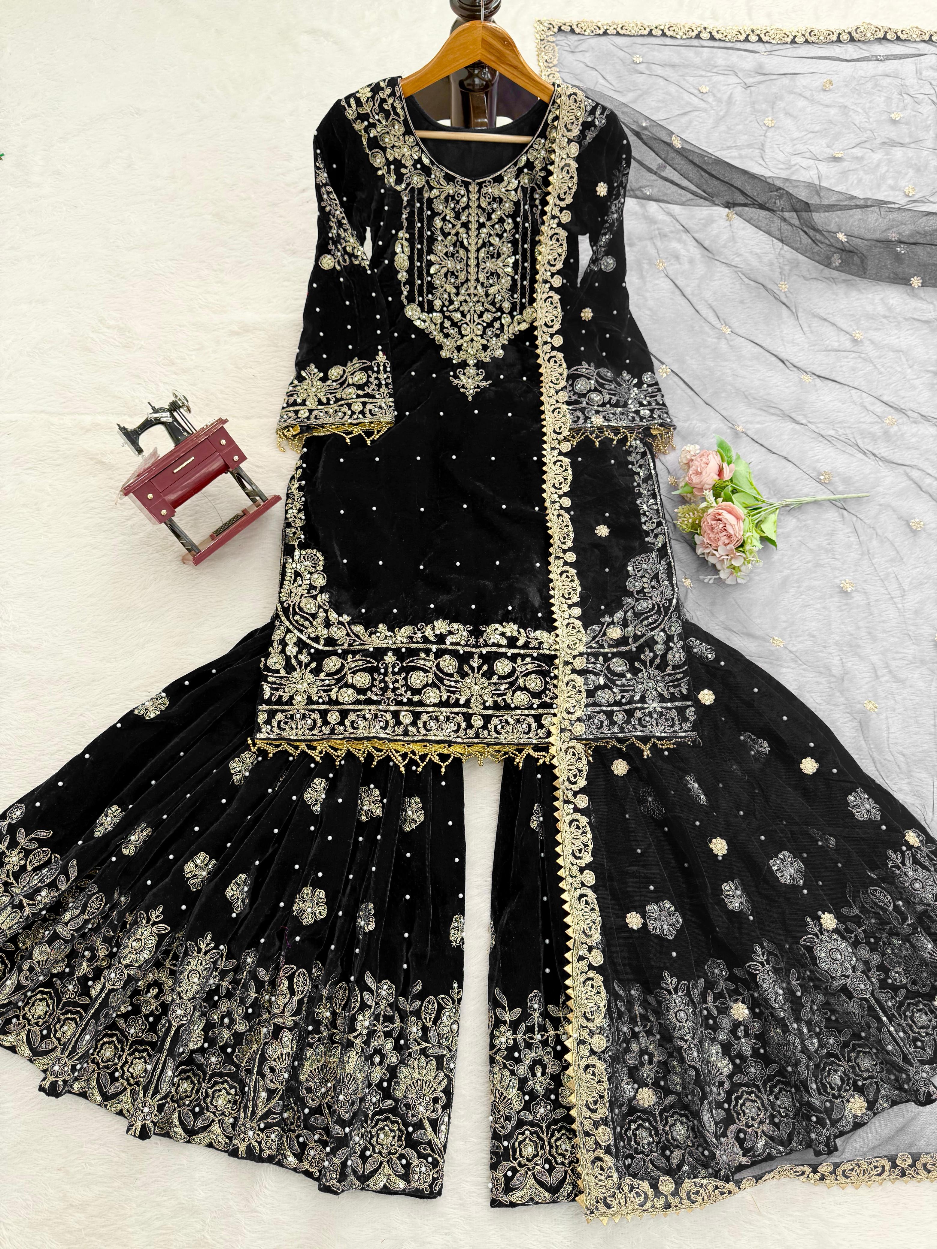 Velvet Embroidered Sharara Set