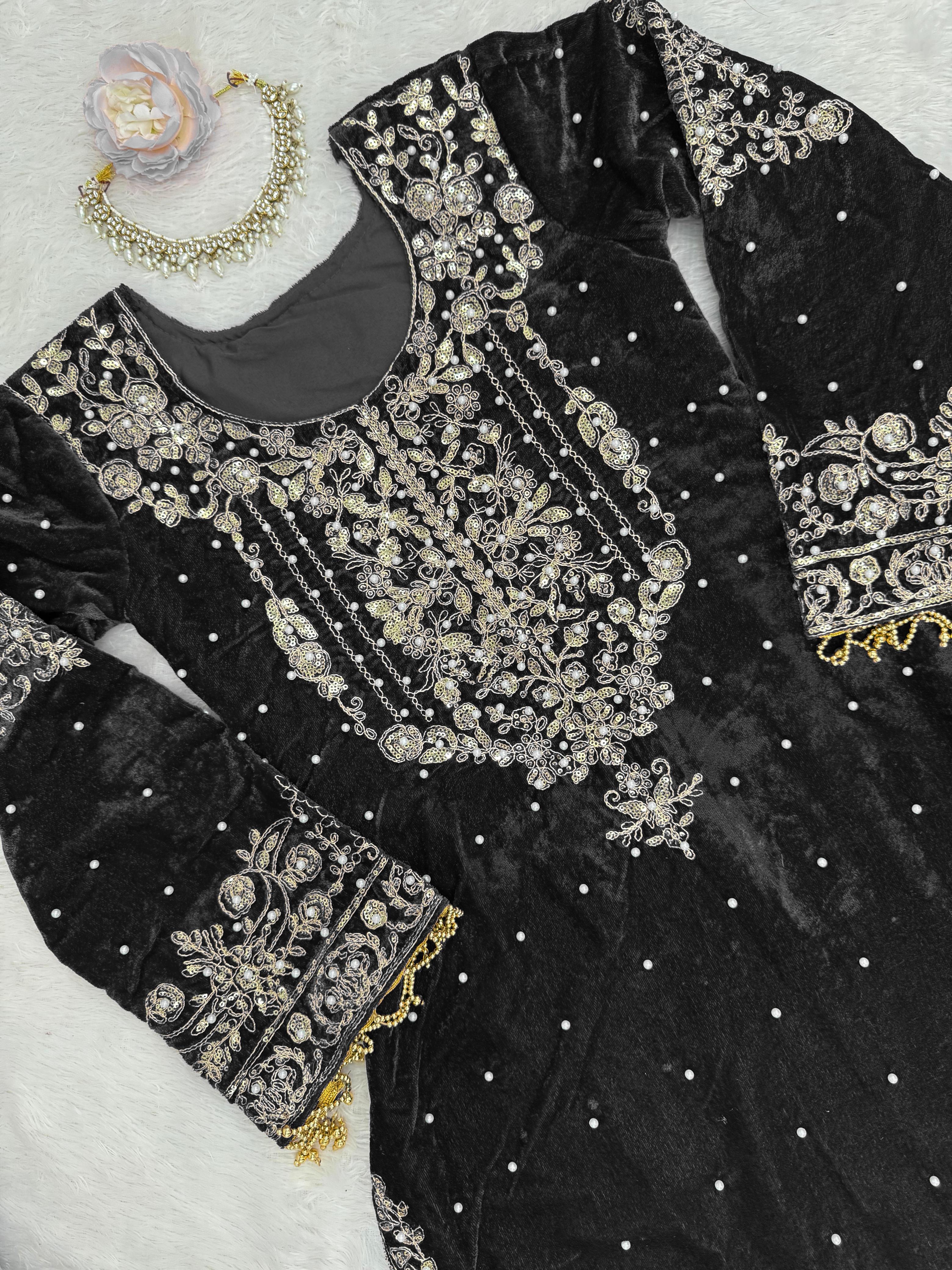 Velvet Embroidered Sharara Set